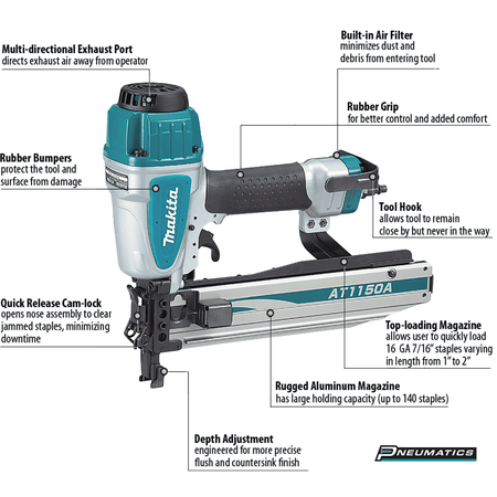Profile view of the Makita AT1150A air powered medium crown stapler showcasing the lightweight aluminum body, 140-staple capacity magazine, and 1/4 inch NPT air inlet.