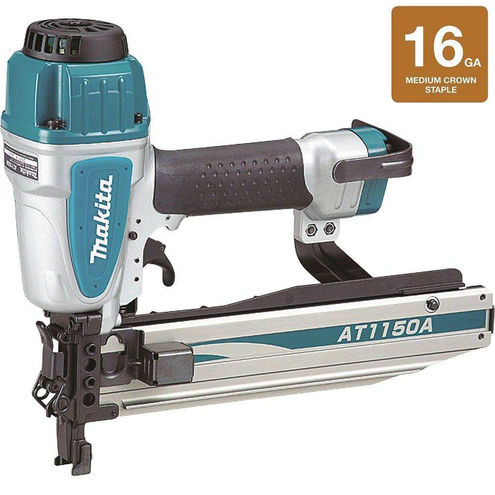 Diagram of the Makita AT1150A pneumatic stapler highlighting key woodworking features including the quick-release cam-lock for clearing jams and the tool-less depth adjustment dial.