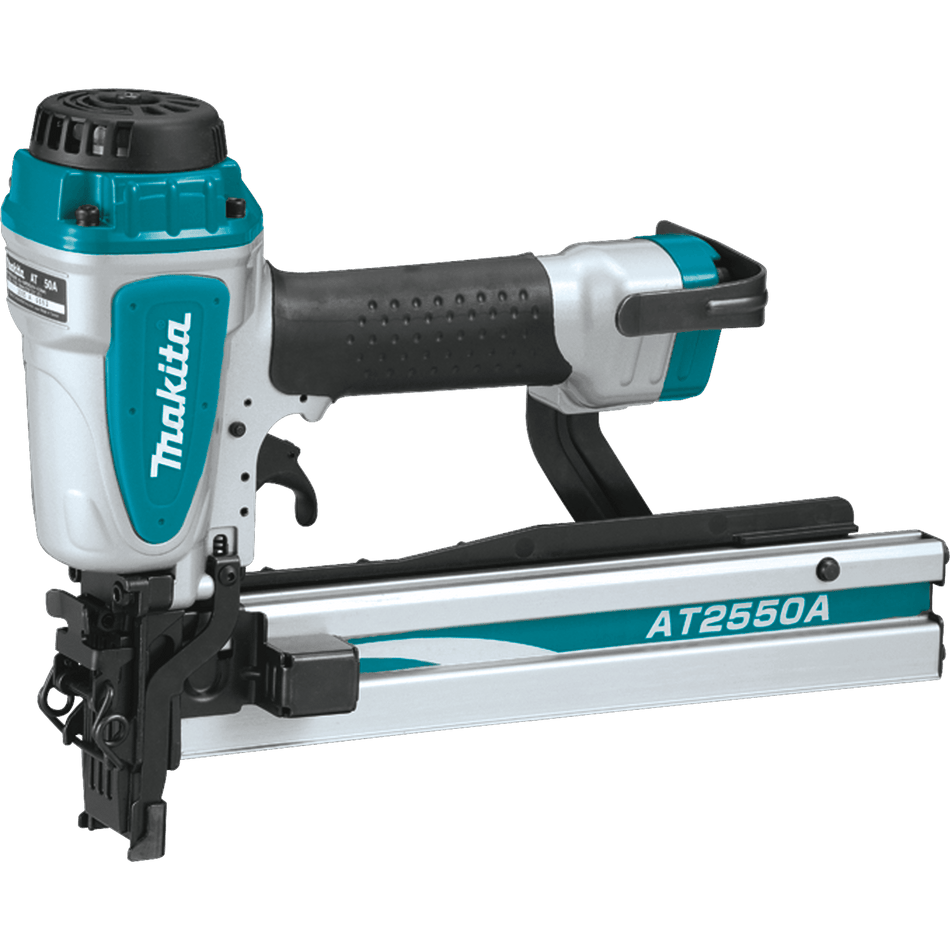 Makita AT2550A Pneumatic 16 Gauge Wide Crown Stapler with teal and silver body, rubberized grip, and top‑loading magazine designed for roofing, sheathing, and high‑volume fastening applications.