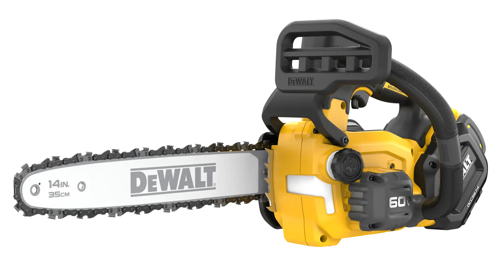 DEWALT DCCS674X2 60V MAX FLEXVOLT 14 inch brushless cordless top handle chainsaw with ergonomic grip, 2.4 HP cutting power, and 60V battery pack for professional tree pruning and arborist work.