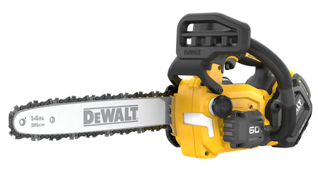 DEWALT DCCS674X2 60V MAX FLEXVOLT 14 inch brushless cordless top handle chainsaw with ergonomic grip, 2.4 HP cutting power, and 60V battery pack for professional tree pruning and arborist work.