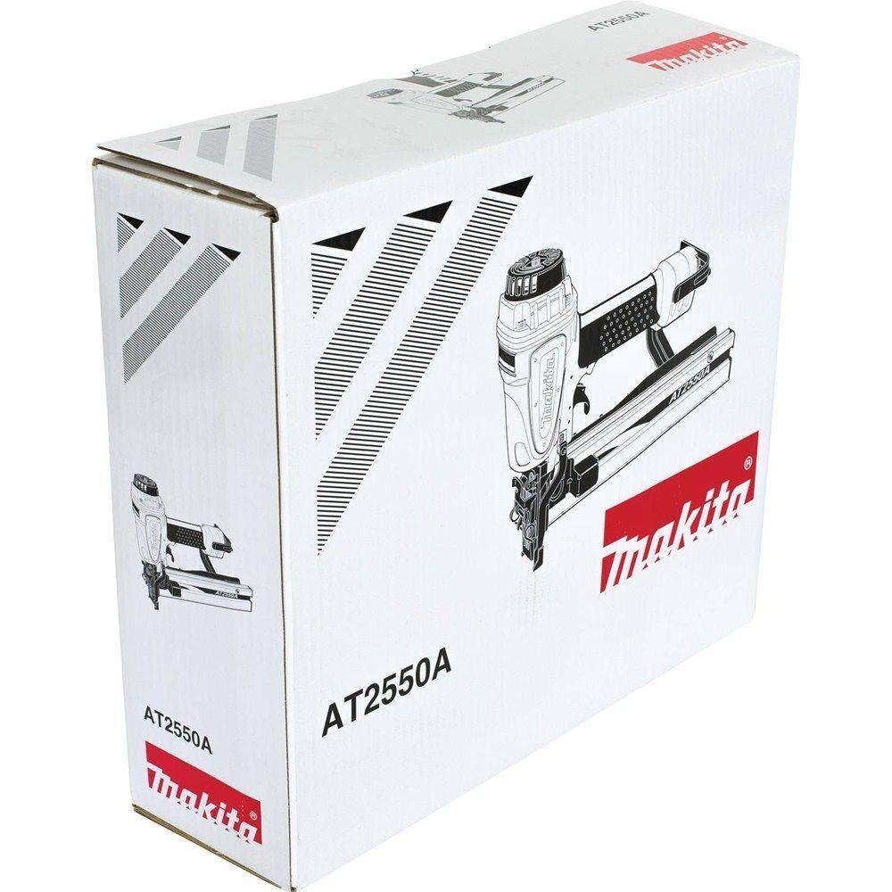 Makita AT2550A Pneumatic Wide Crown Stapler retail box with printed tool illustration and branding, showing packaging for the roofing and sheathing stapler kit.