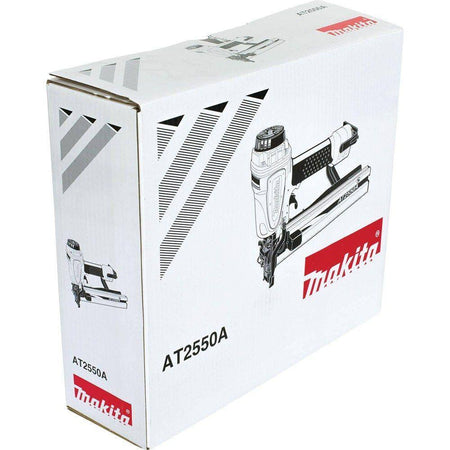 Makita AT2550A Pneumatic Wide Crown Stapler retail box with printed tool illustration and branding, showing packaging for the roofing and sheathing stapler kit.