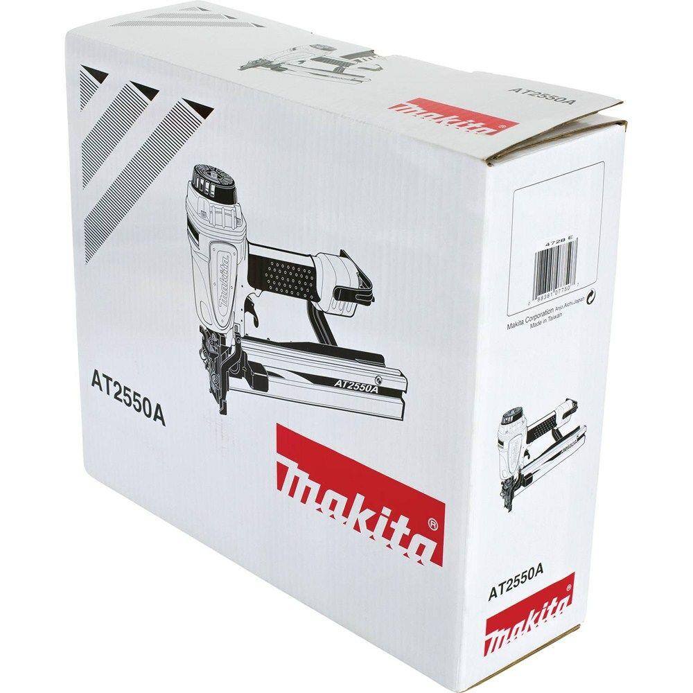 Makita AT2550A Pneumatic 16 Gauge Wide Crown Stapler box with model number, branding, and manufacturer details, representing the packaged stapler kit for construction professionals.
