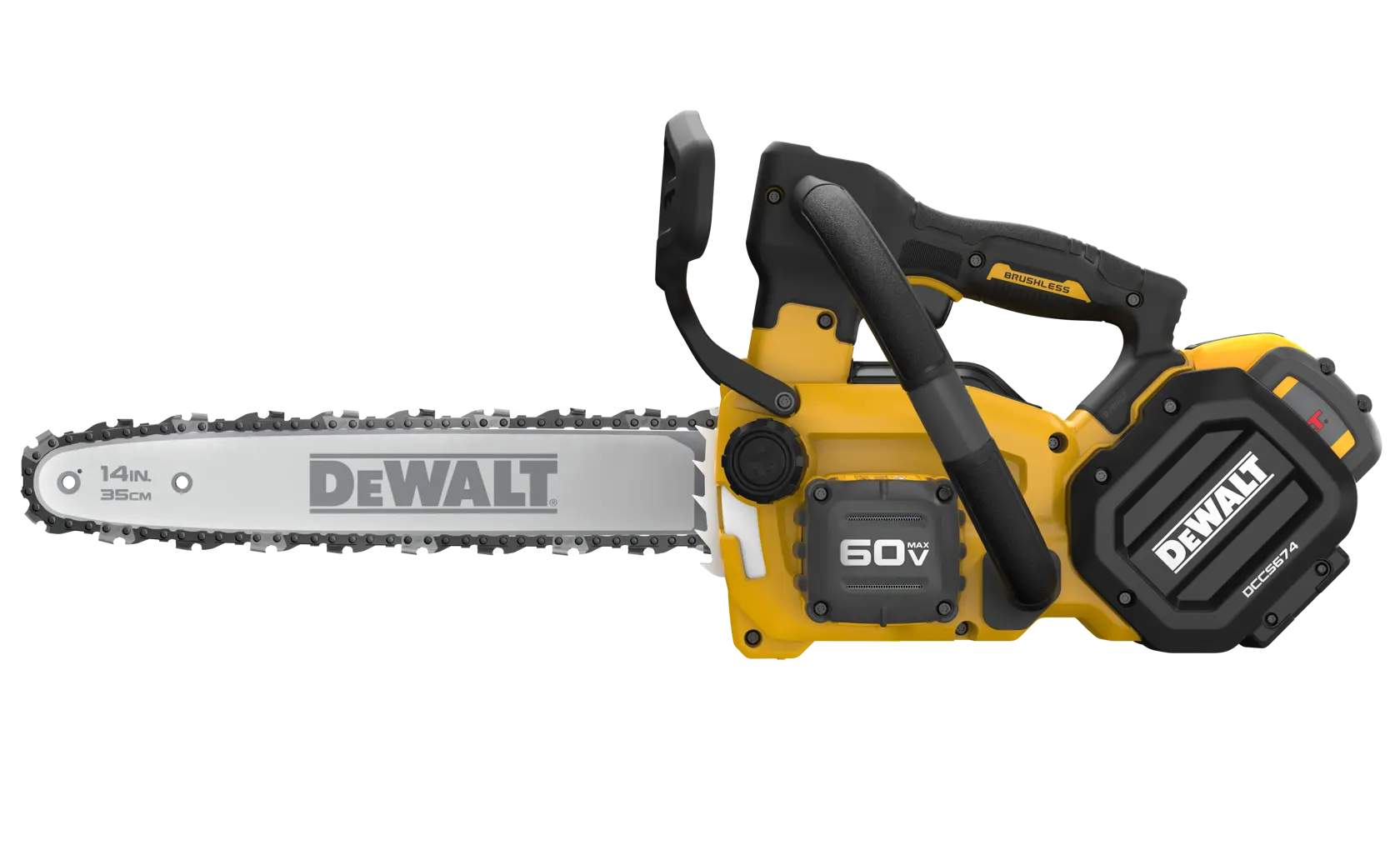 DEWALT 60V MAX FLEXVOLT DCCS674 chainsaw featuring 14 inch bar and chain, brushless motor, and compact top‑handle design engineered for high‑power pruning, limbing, and elevated cutting tasks.