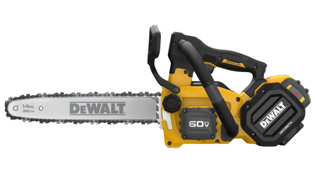 DEWALT 60V MAX FLEXVOLT DCCS674 chainsaw featuring 14 inch bar and chain, brushless motor, and compact top‑handle design engineered for high‑power pruning, limbing, and elevated cutting tasks.