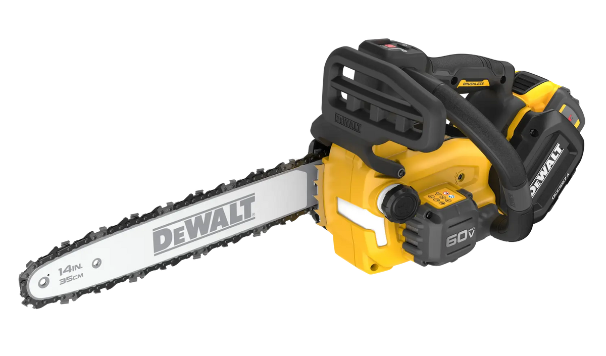 DEWALT DCCS674X2 cordless 14 inch brushless chainsaw with 60V MAX FLEXVOLT battery, wrap‑around handle, and top‑handle configuration ideal for arborists and precision tree trimming.