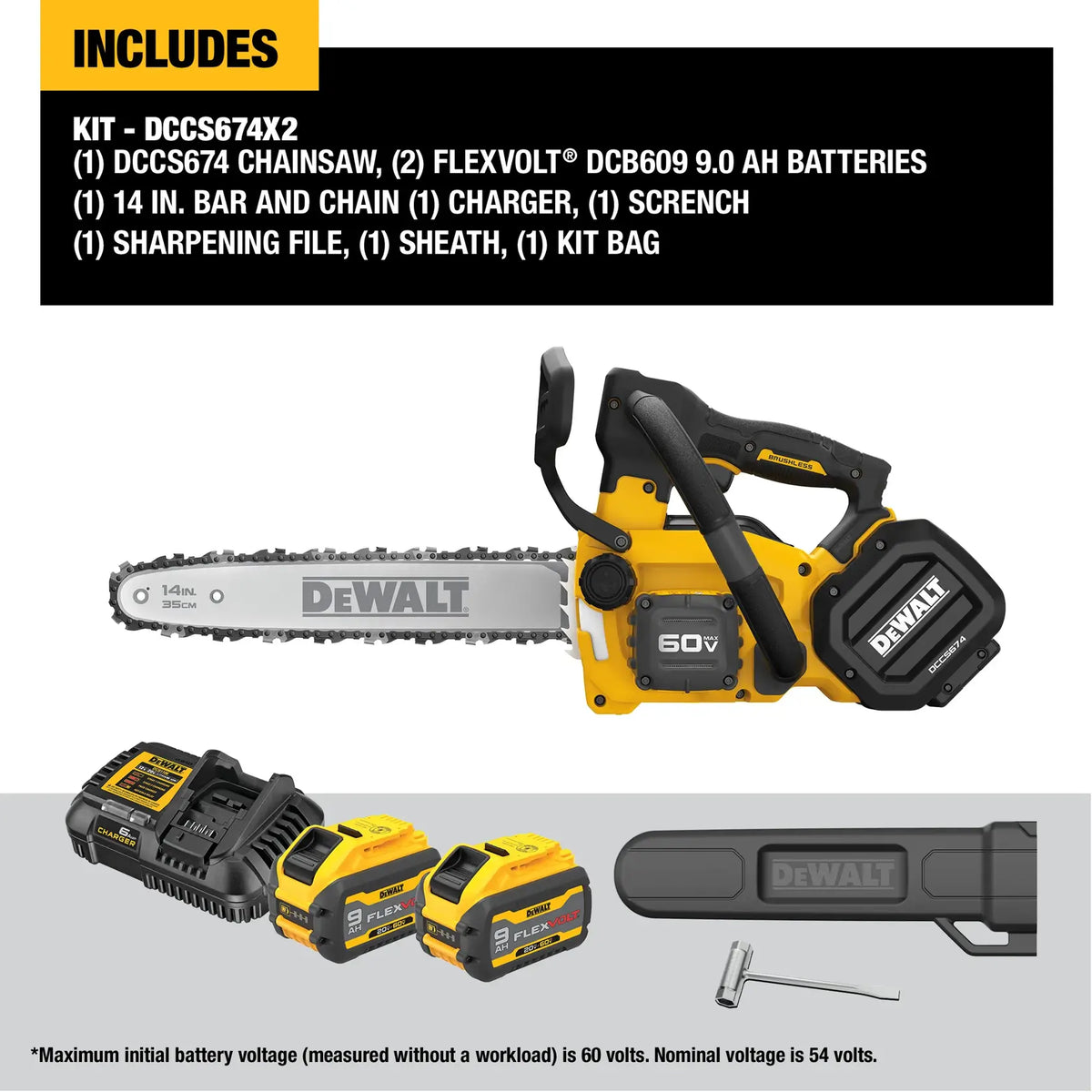 Complete DEWALT DCCS674X2 60V MAX 14 inch brushless cordless top handle chainsaw kit including two FLEXVOLT 9Ah batteries, 6 Amp charger, guide bar, chain, scrench, sharpening file, and heavy-duty kit bag.