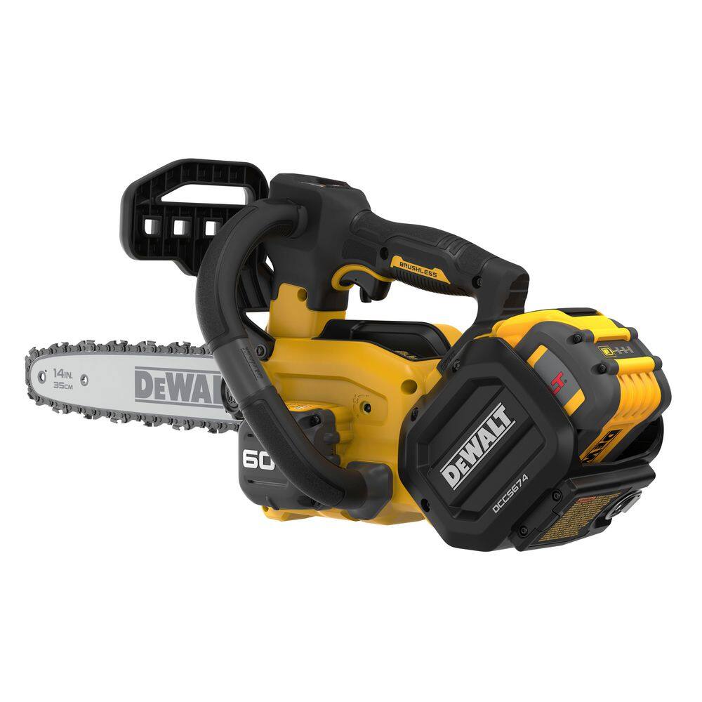 Angled rear view of the DEWALT 60V MAX top handle chainsaw highlighting the compact brushless motor housing and the secure battery port with a FLEXVOLT 9Ah battery installed for tree care professionals.