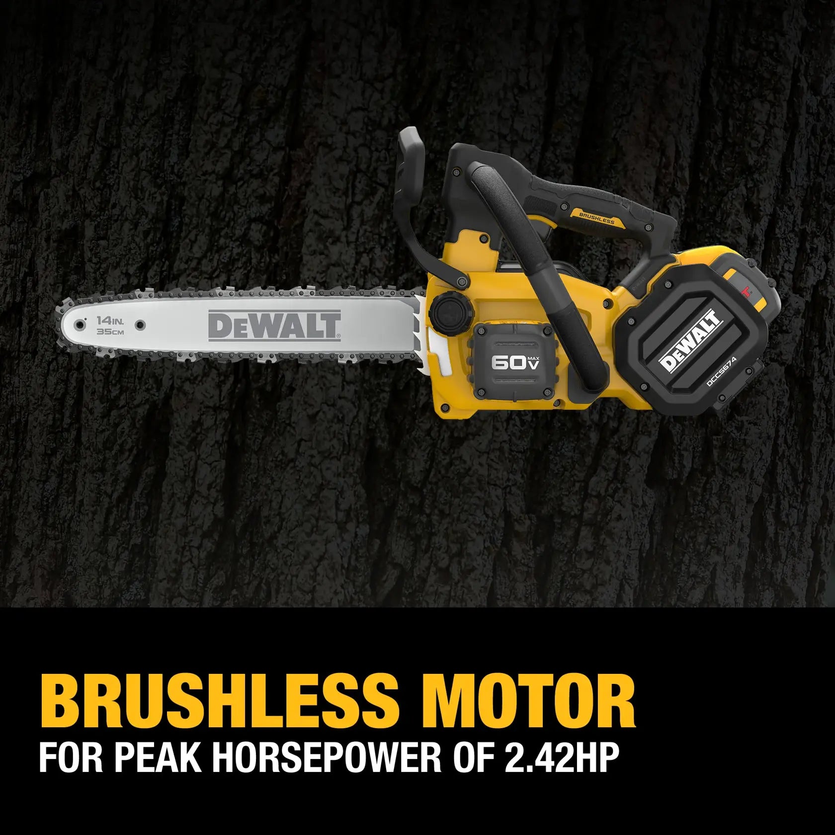 Graphic illustration of the DEWALT cordless chainsaw over a dark bark background, emphasizing the high-performance brushless motor that delivers a peak horsepower of 2.42 HP for heavy-duty pruning.