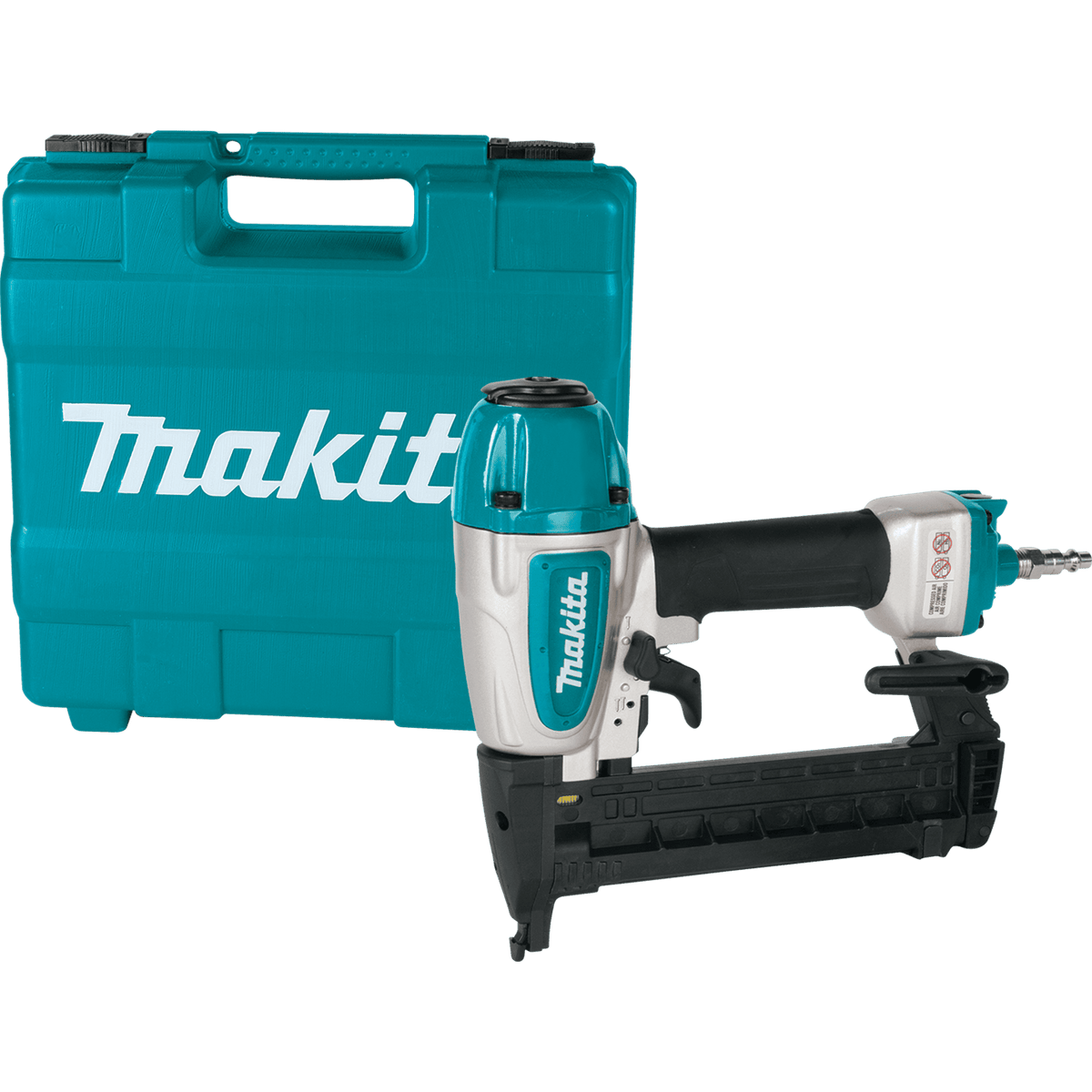 Makita AT638A pneumatic 18 gauge 1/4 inch narrow crown stapler kit resting next to its protective teal hard tool case for woodworking.
