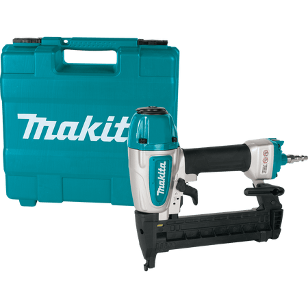 Makita AT638A pneumatic 18 gauge 1/4 inch narrow crown stapler kit resting next to its protective teal hard tool case for woodworking.