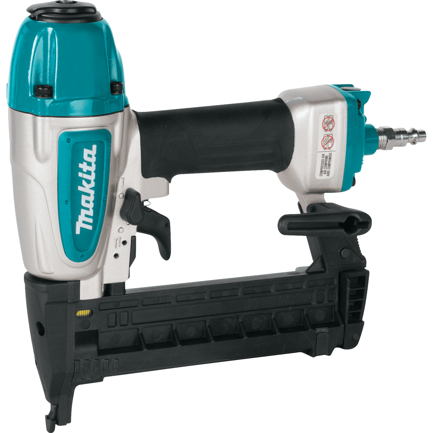 Left side profile of the Makita AT638A air powered narrow crown stapler showcasing the durable aluminum body, ergonomic rubber grip, and bottom-loading magazine.