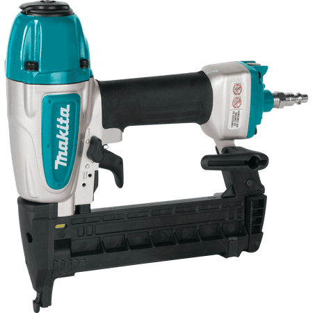 Left side profile of the Makita AT638A air powered narrow crown stapler showcasing the durable aluminum body, ergonomic rubber grip, and bottom-loading magazine.