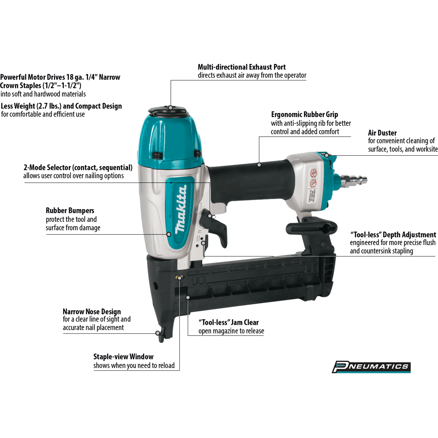 Diagram of the Makita AT638A pneumatic crown stapler highlighting key features including the built-in air duster, tool-less depth adjustment, and staple reload indicator window.