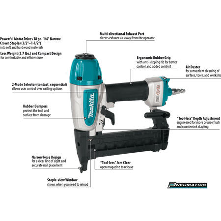 Diagram of the Makita AT638A pneumatic crown stapler highlighting key features including the built-in air duster, tool-less depth adjustment, and staple reload indicator window.