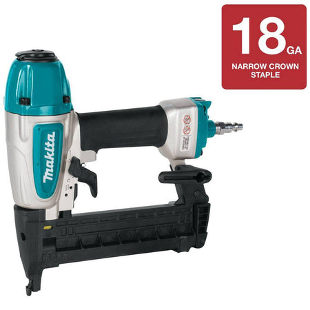 Makita AT638A 1/4 inch pneumatic narrow crown stapler featuring a graphic overlay indicating compatibility with 18 gauge crown staples.