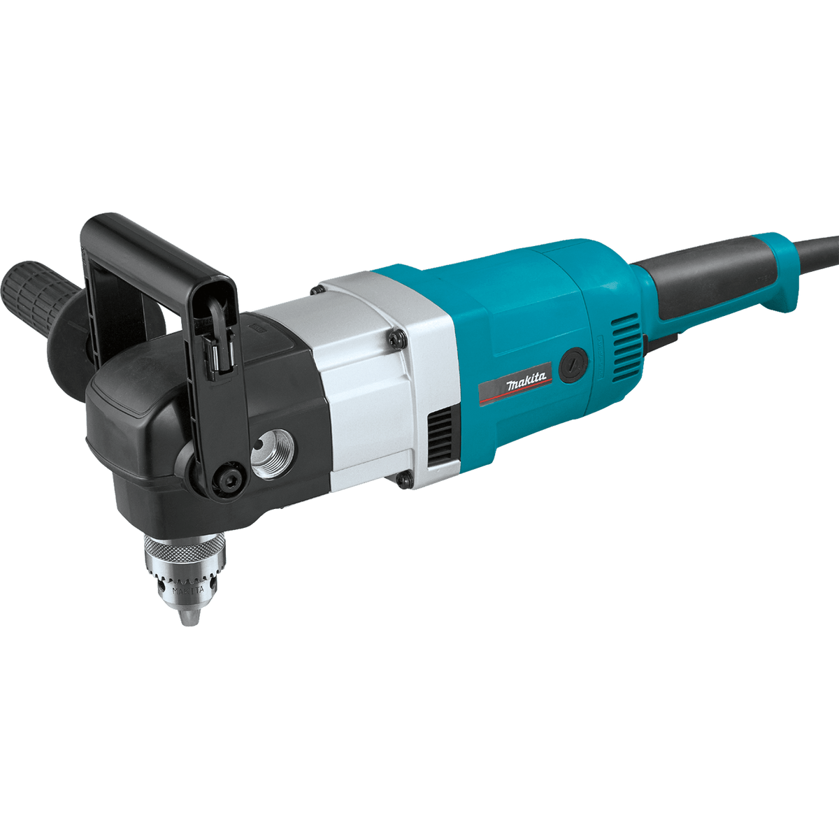 Makita DA4031 1/2-inch 10-amp 2-speed right angle drill featuring a heavy-duty industrial chuck and adjustable top handle.