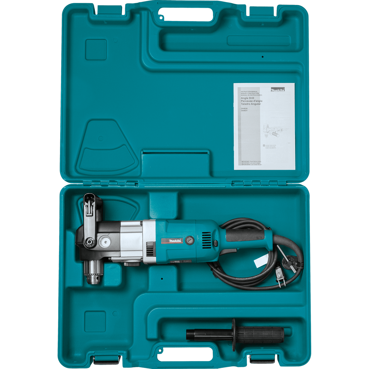 Makita right angle drill secured inside its durable teal plastic carrying case alongside the power cord and side handle.