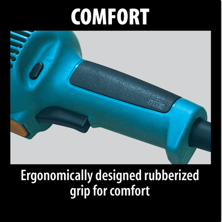 Ergonomically designed rubberized TPE grip on the Makita angle drill housing to reduce operator fatigue during continuous use.