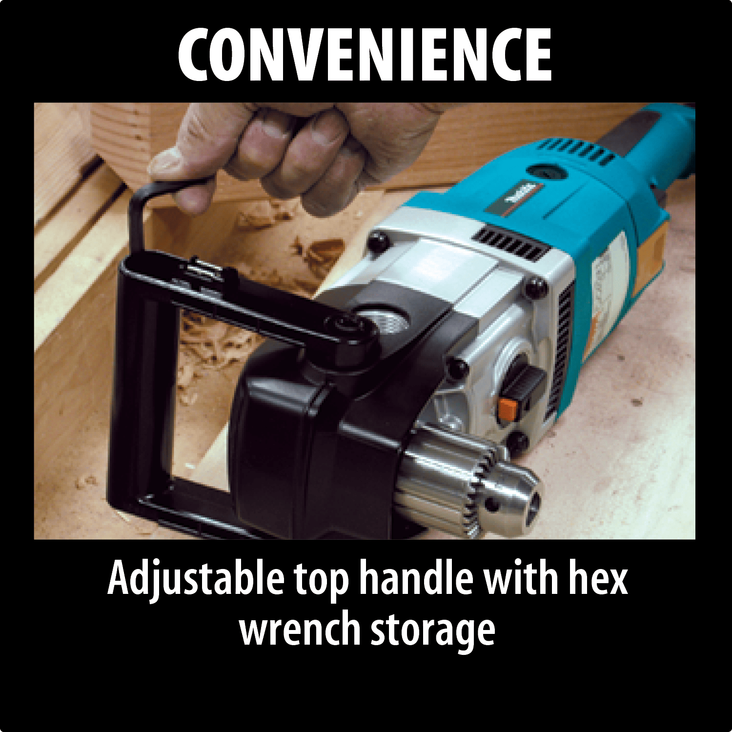 Adjustable top handle equipped with convenient built-in hex wrench storage on the Makita right angle drill.