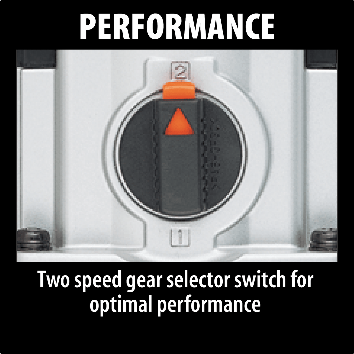 Two-speed gear selector switch allowing operators to choose between 300 and 1200 RPM for optimal drilling performance.