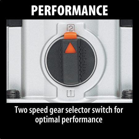 Two-speed gear selector switch allowing operators to choose between 300 and 1200 RPM for optimal drilling performance.