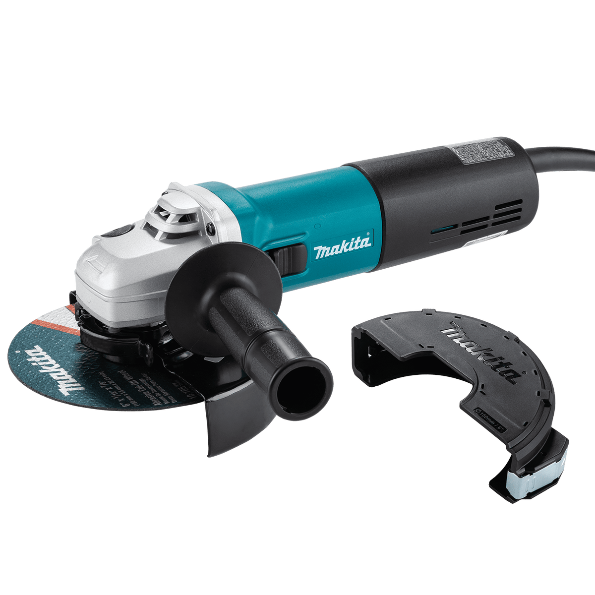 Makita 9566CVR 6-inch 13-amp cut-off angle grinder featuring variable speed control and an attachable wheel guard cover.