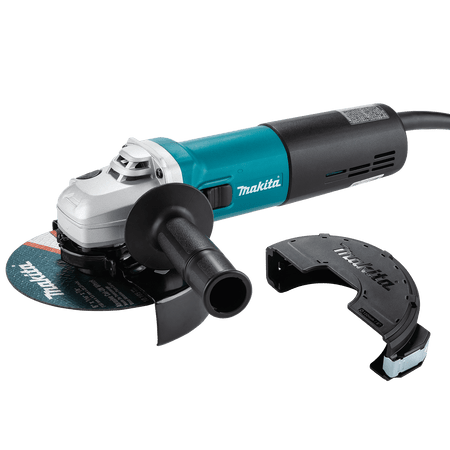 Makita 9566CVR 6-inch 13-amp cut-off angle grinder featuring variable speed control and an attachable wheel guard cover.
