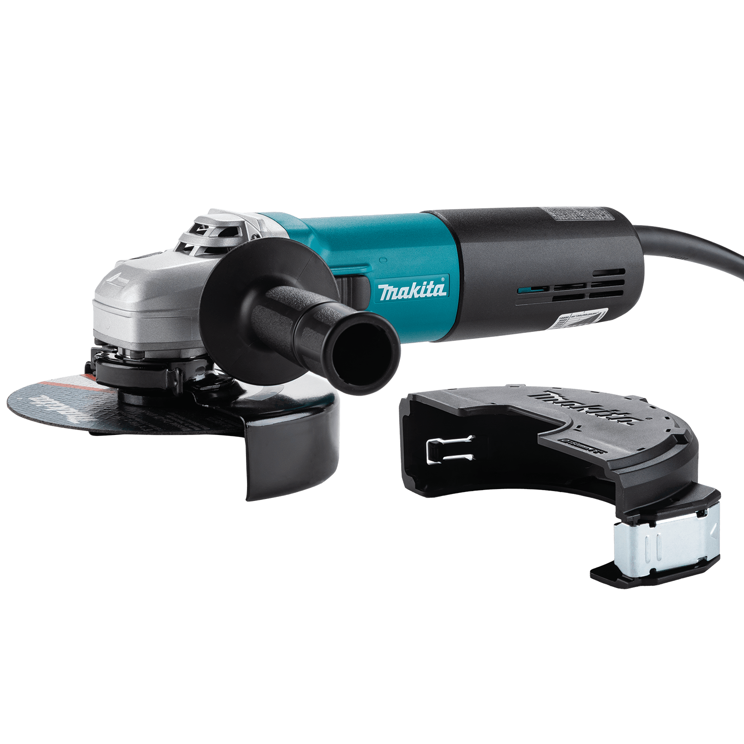Makita angle grinder displayed with its removable clip-on cut-off wheel guard cover for safe metal fabrication tasks.