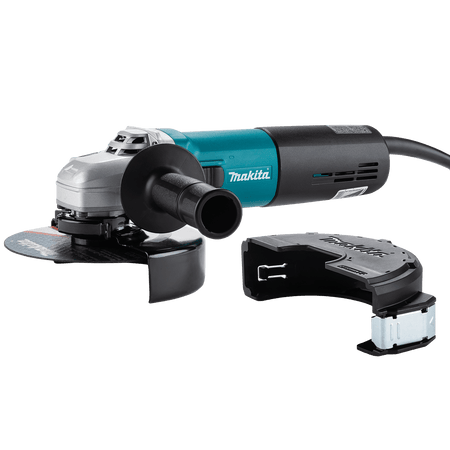 Makita angle grinder displayed with its removable clip-on cut-off wheel guard cover for safe metal fabrication tasks.