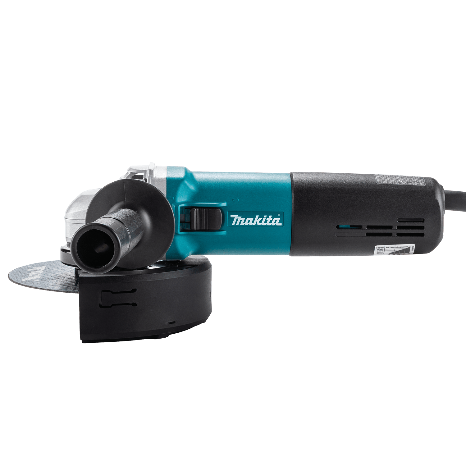 Side profile of the Makita 6-inch angle grinder showing the ergonomic housing, side handle, and protective wheel guard.