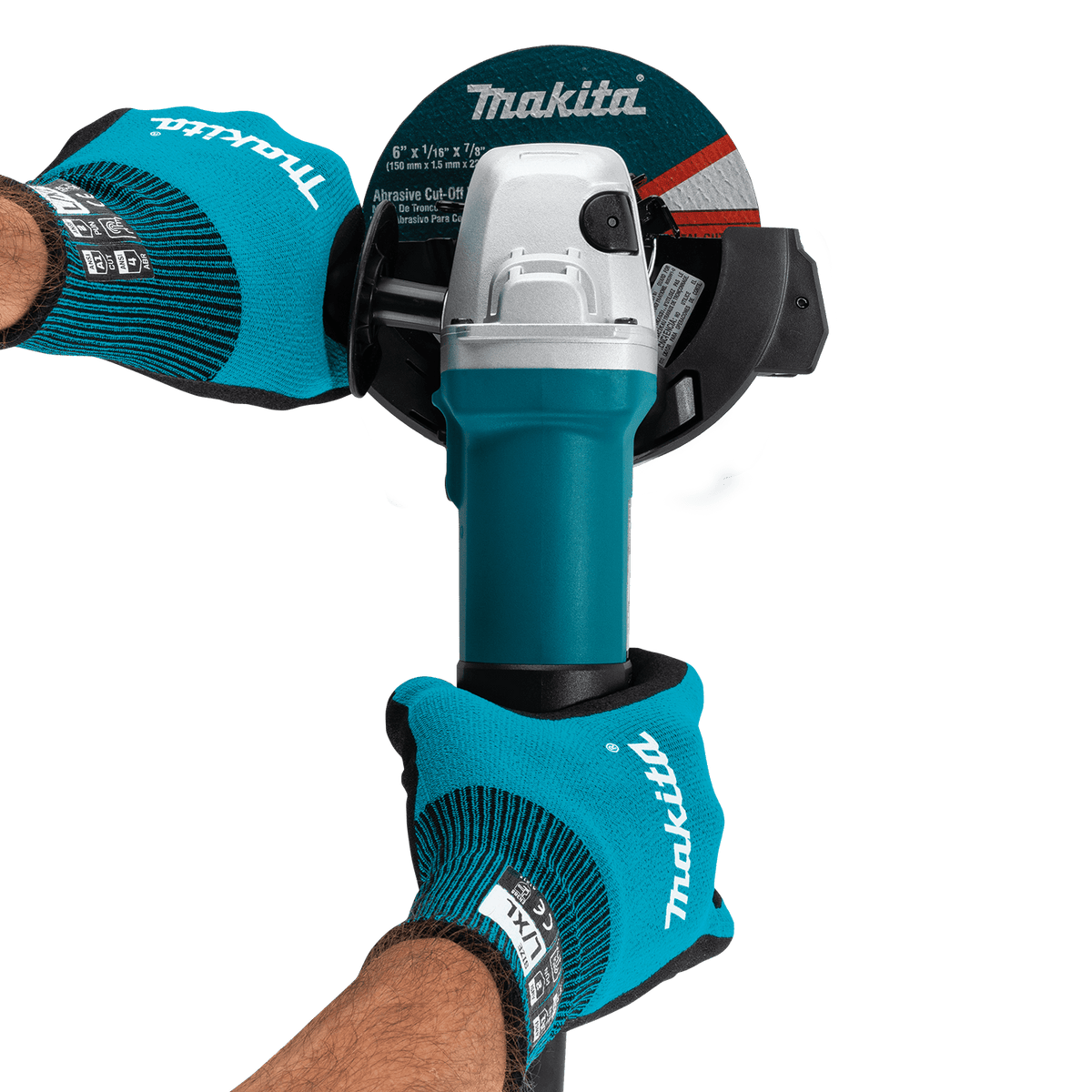 Front view of the Makita angle grinder demonstrating the clear cutting line and secure two-handed operator grip.