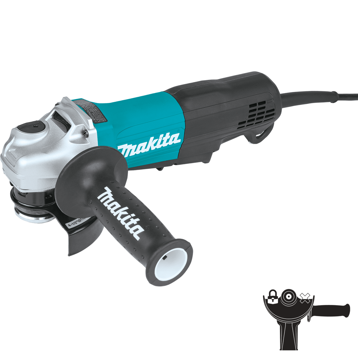 Makita GA4553R 4-1/2-inch corded angle grinder with an 11.0A motor, side handle, and permanently attached wheel guard.