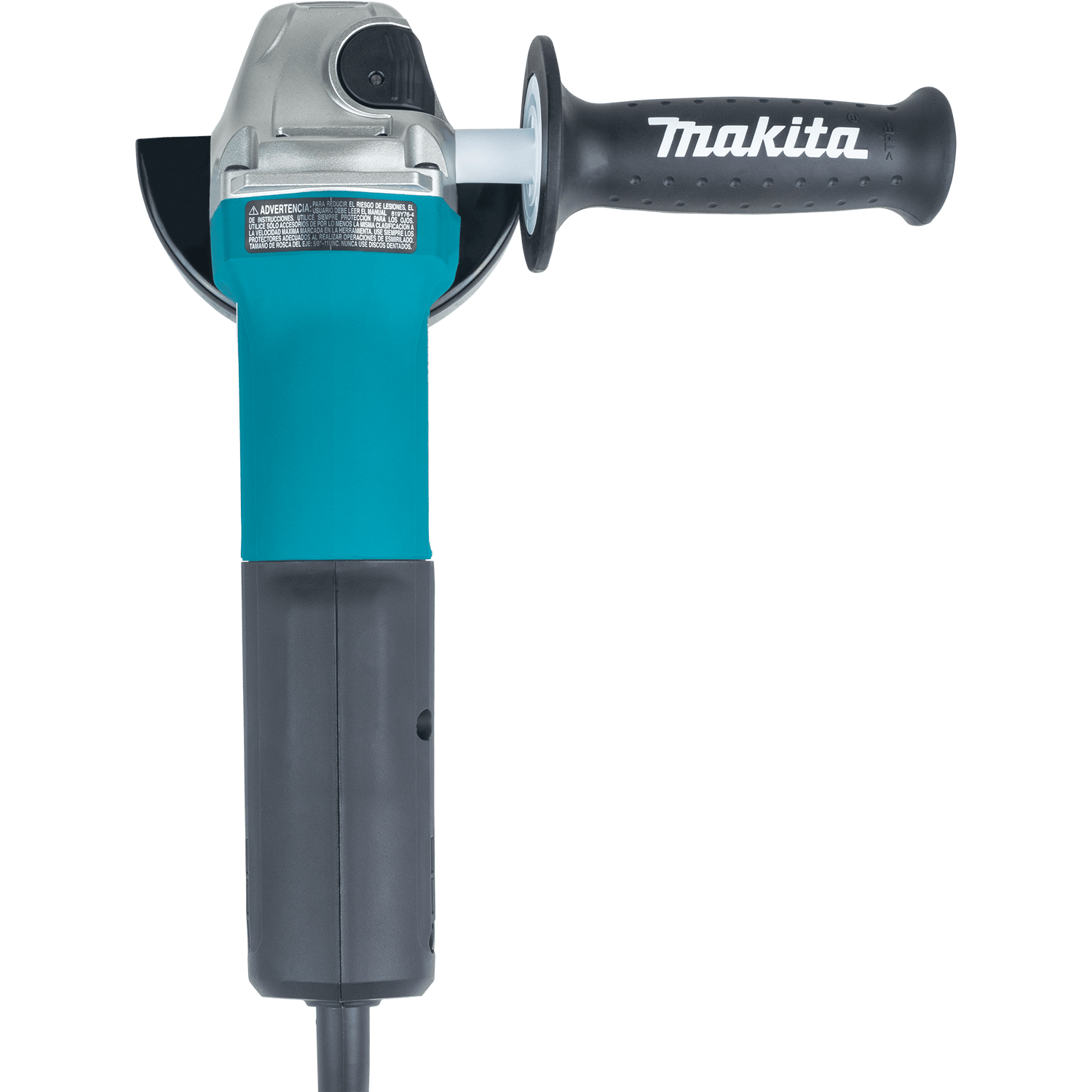 Top-down view of the Makita GA4553R 4-1/2-inch angle grinder showing its narrow barrel grip, side handle, and non-removable guard.