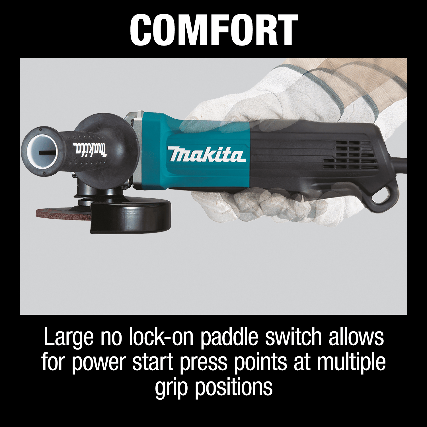 Comfort graphic highlighting the large no-lock-on paddle switch design on the Makita GA4553R grinder for multi-position press control.