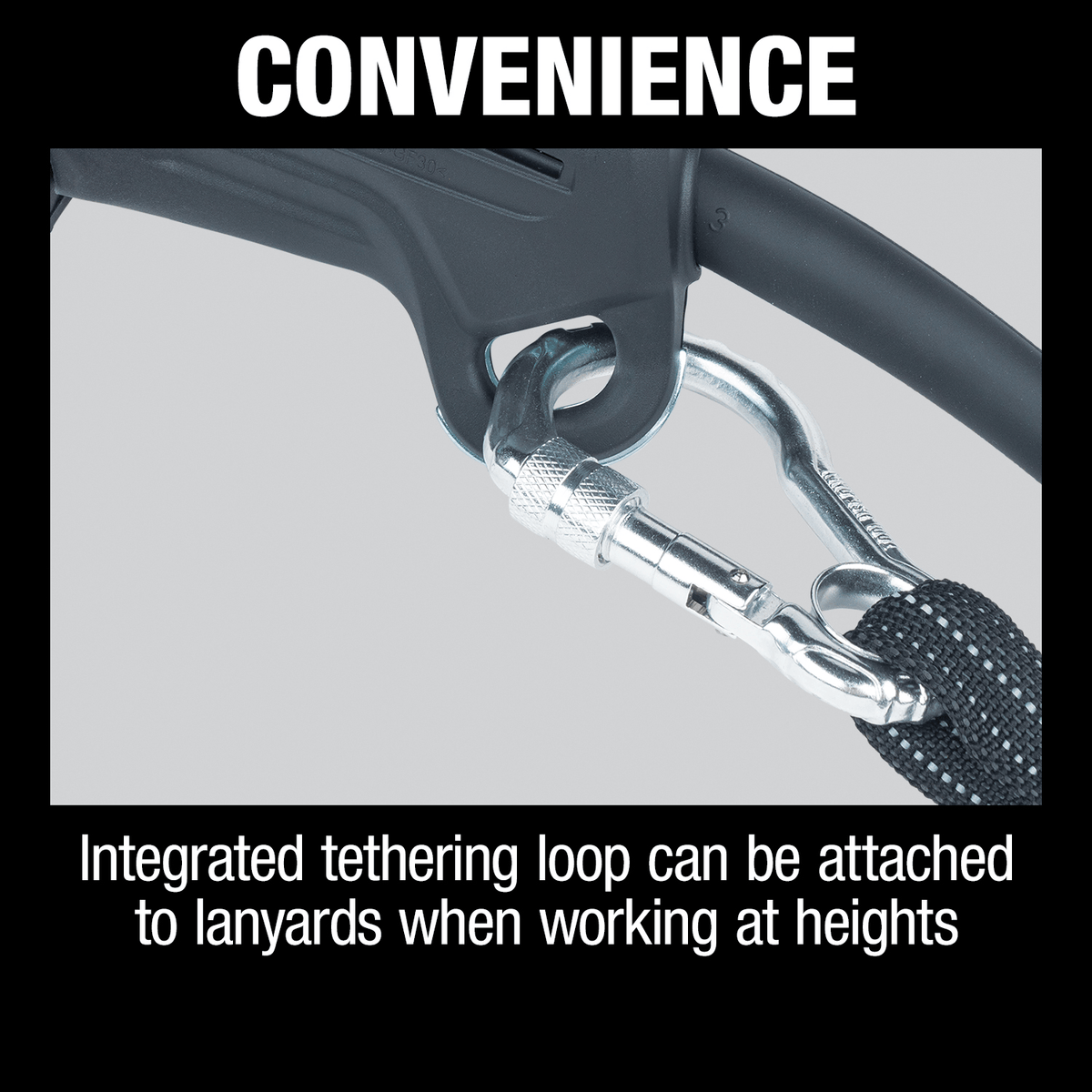 Convenience callout demonstrating a carabiner lanyard clipped to the integrated tethering loop on the Makita GA4553R grinder.