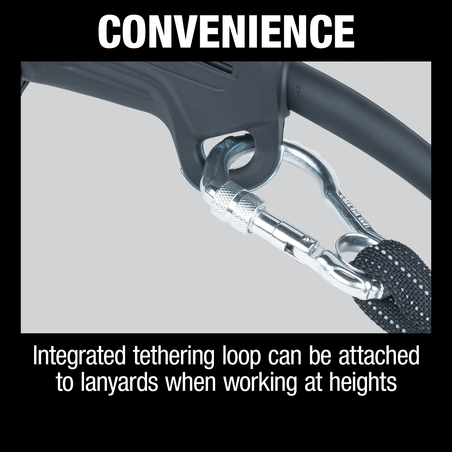 Convenience callout demonstrating a carabiner lanyard clipped to the integrated tethering loop on the Makita GA4553R grinder.