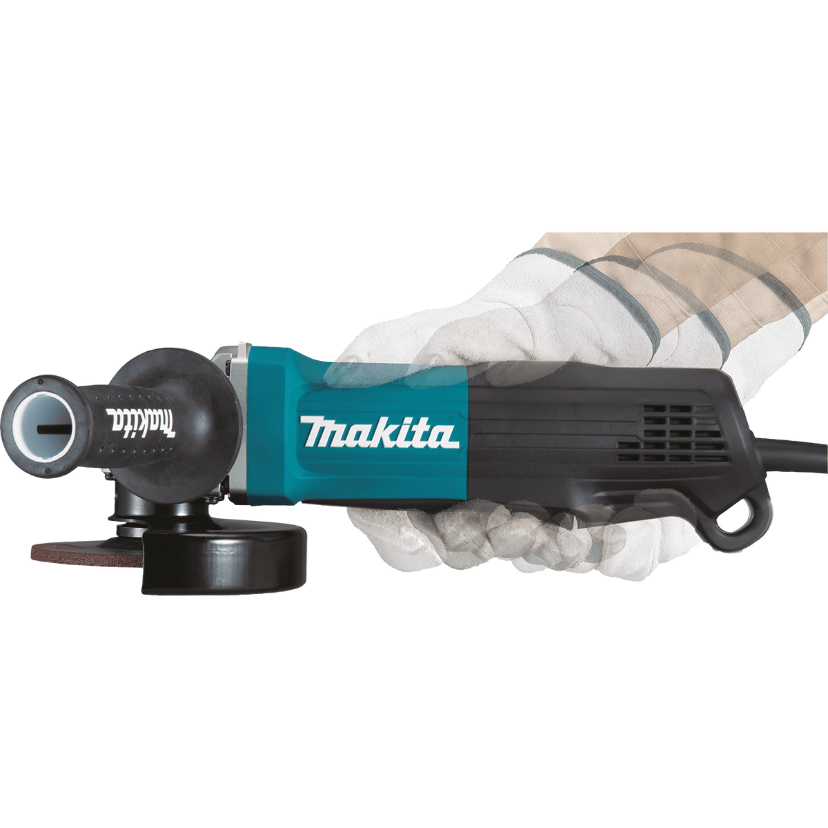Gloved hand pressing the large no-lock-on paddle switch on the narrow barrel grip of the Makita GA4553R angle grinder.