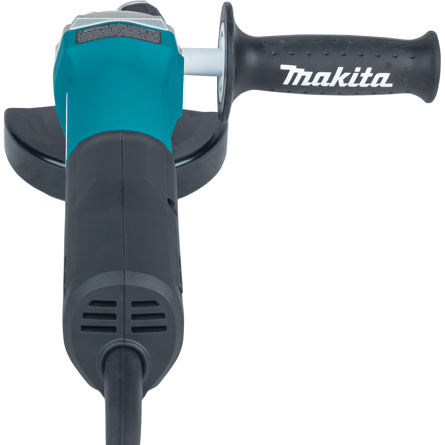 Rear view of the Makita GA4553R angle grinder highlighting its narrow barrel grip, rear air vents, and cord guard.