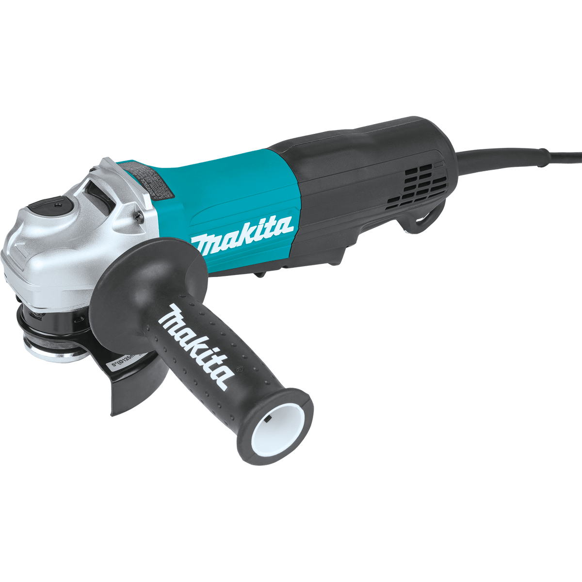 Makita GA5052 4-1/2-inch / 5-inch corded angle grinder featuring an 11.0A AC/DC motor, side handle, and tool-less wheel guard.
