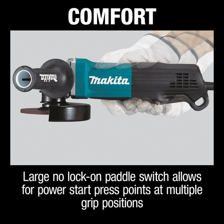 Comfort callout illustrating the large no lock-on paddle switch on the Makita GA5052 grinder for easy operation in multiple grip positions.