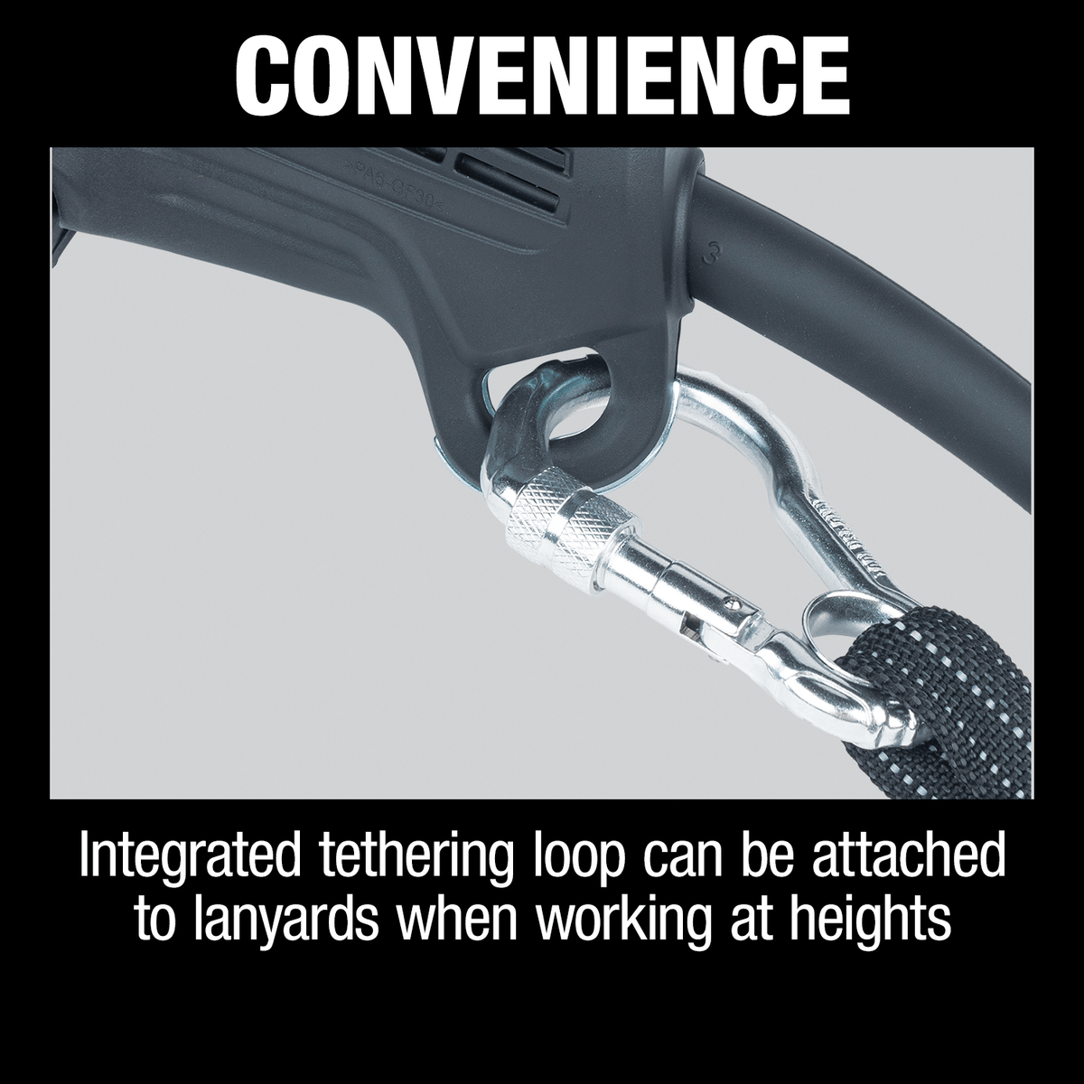 Convenience diagram detailing the integrated steel tethering loop on the base of the Makita GA5052 angle grinder for attaching safety lanyards.