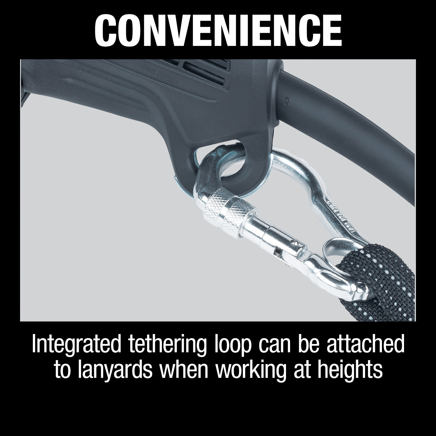 Convenience diagram detailing the integrated steel tethering loop on the base of the Makita GA5052 angle grinder for attaching safety lanyards.