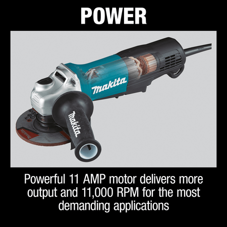 Power diagram showing the 11.0A motor cutaway delivering 11,000 RPM on the Makita GA5052 angle grinder for heavy surface preparation.