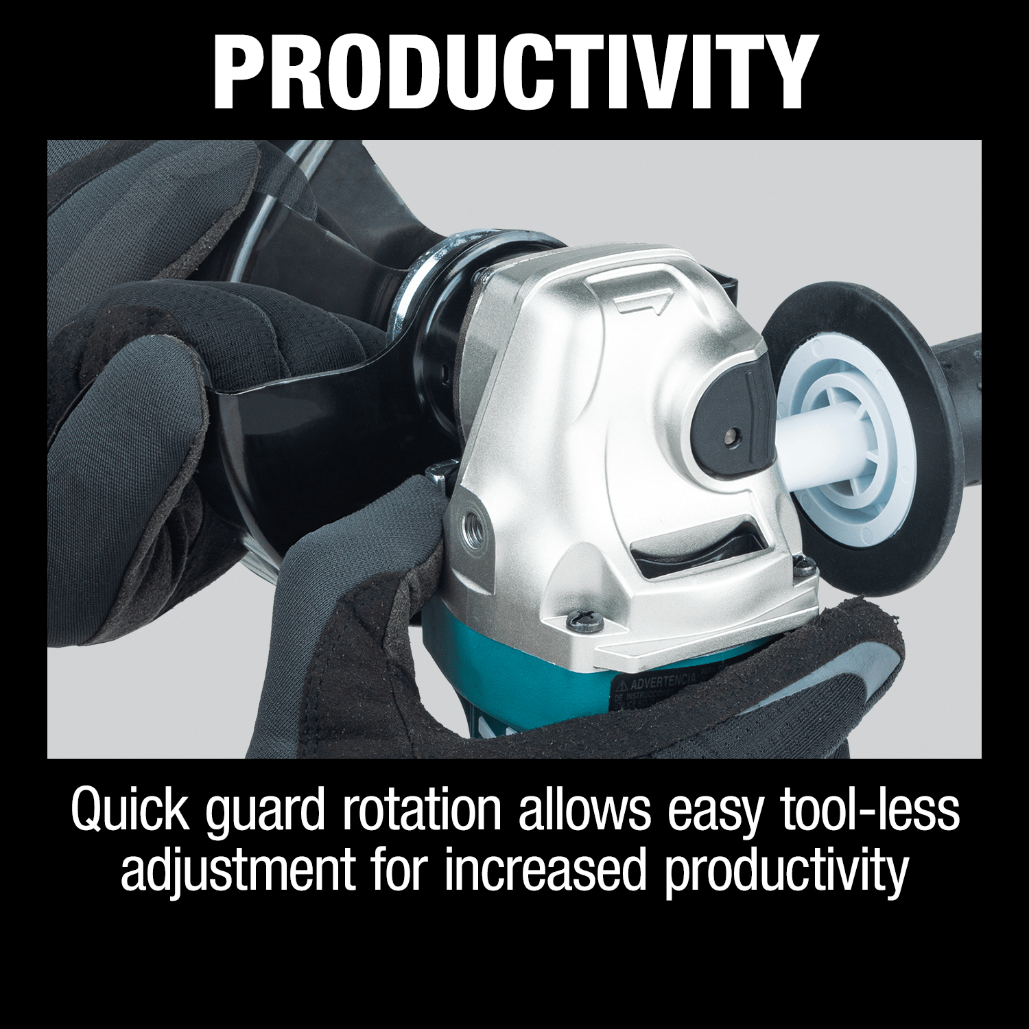 Productivity graphic demonstrating quick tool-less rotation of the 5-inch wheel guard on the Makita GA5052 paddle switch angle grinder.