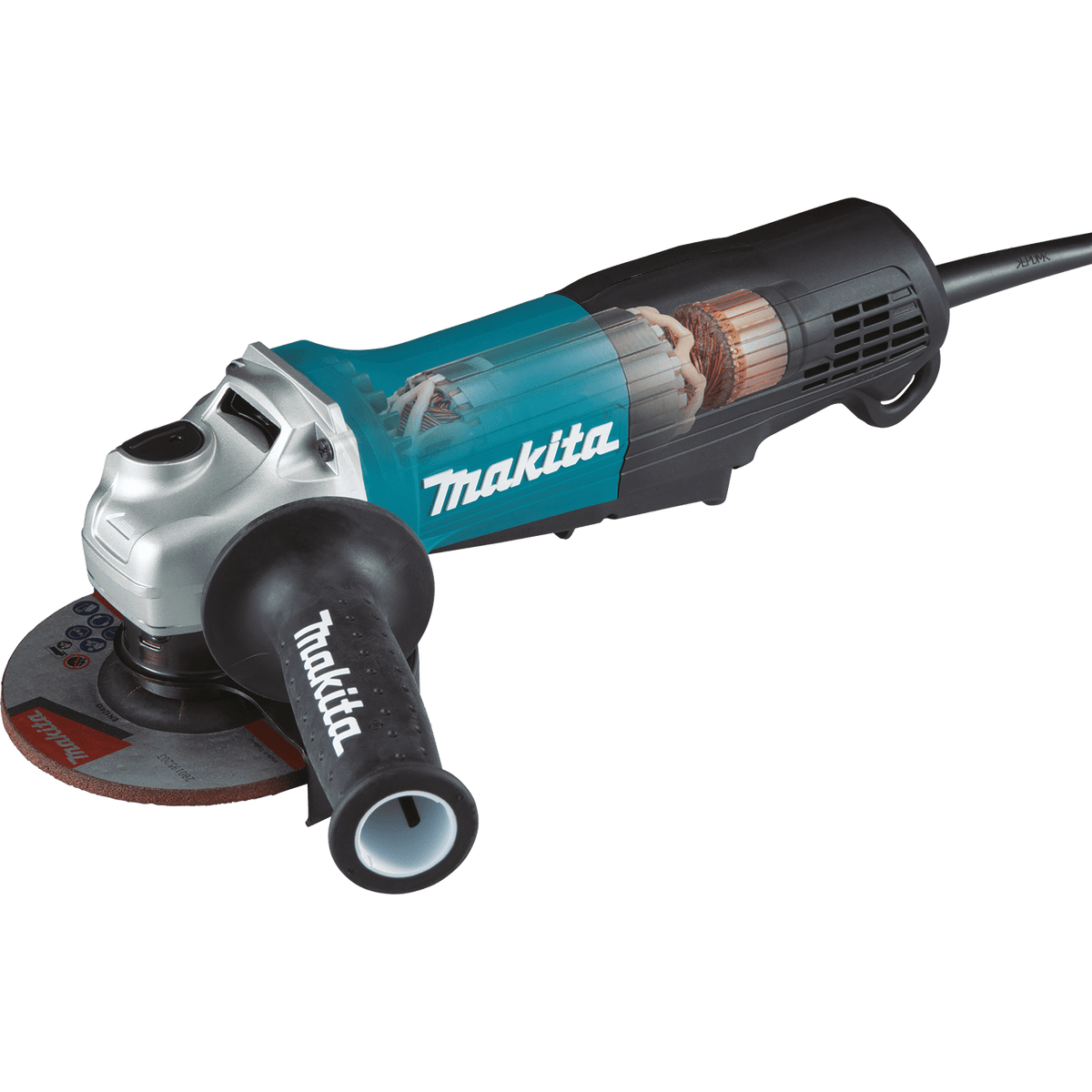 Cutaway view revealing the 11.0A copper-wound motor armature with protective epoxy coating inside the Makita GA5052 angle grinder.
