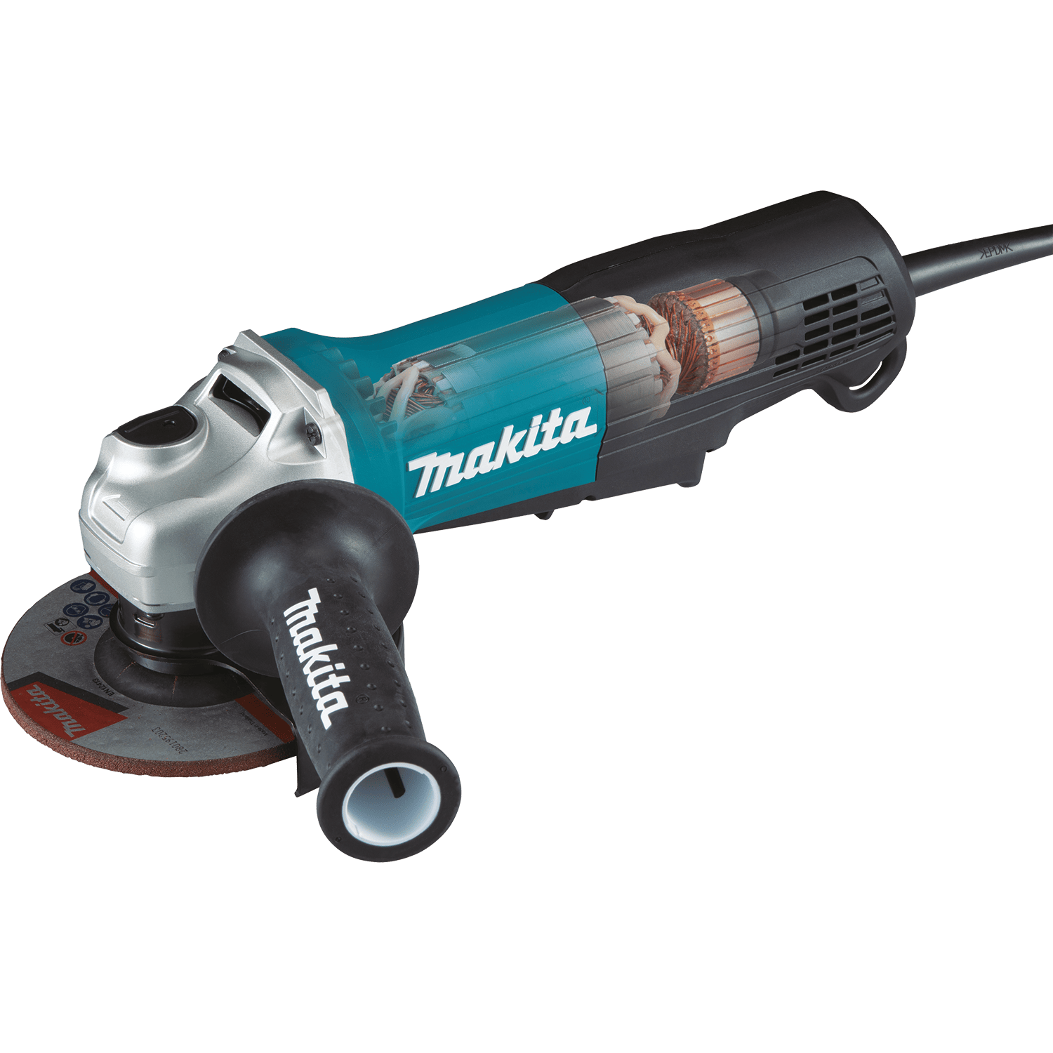 Cutaway view revealing the 11.0A copper-wound motor armature with protective epoxy coating inside the Makita GA5052 angle grinder.