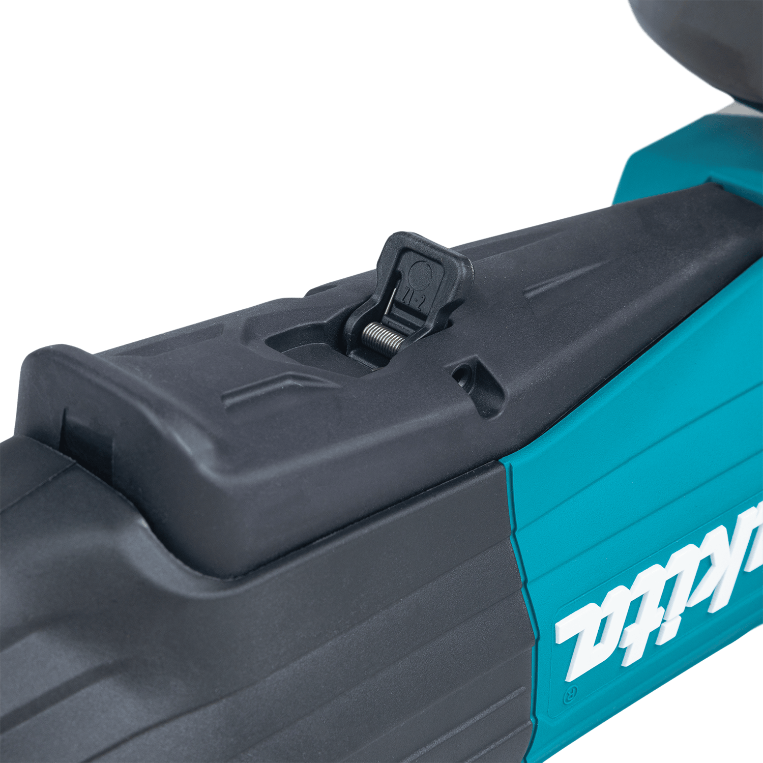 Close-up of the two-stage safety lock-off lever on the paddle switch that prevents accidental motor startup on the Makita GA5052.