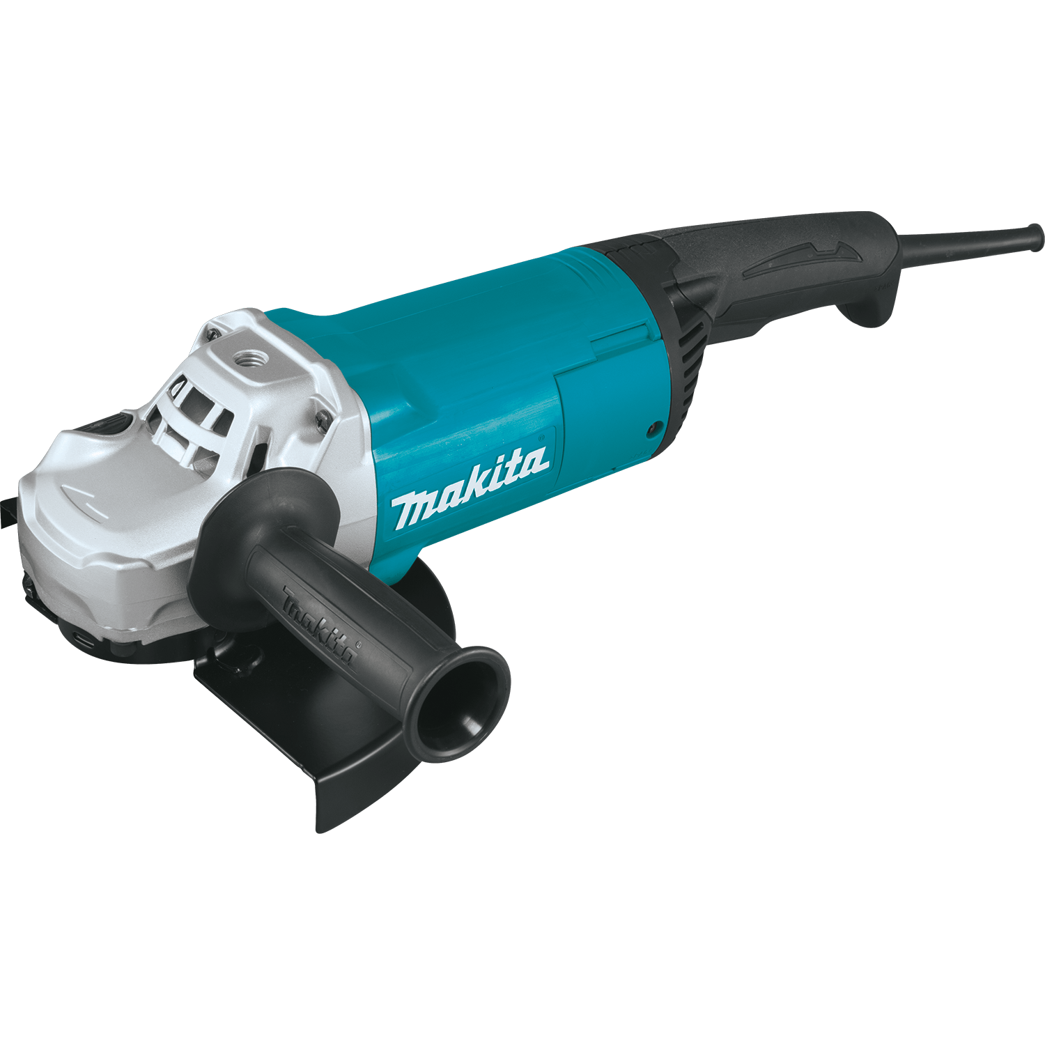 Makita GA9060 9-inch corded angle grinder featuring a 15.0A motor, side handle, 9-inch wheel guard, and cast aluminum gear housing.